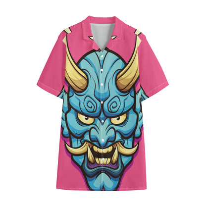Blue Japanese Demon Print Cotton Hawaiian Shirt