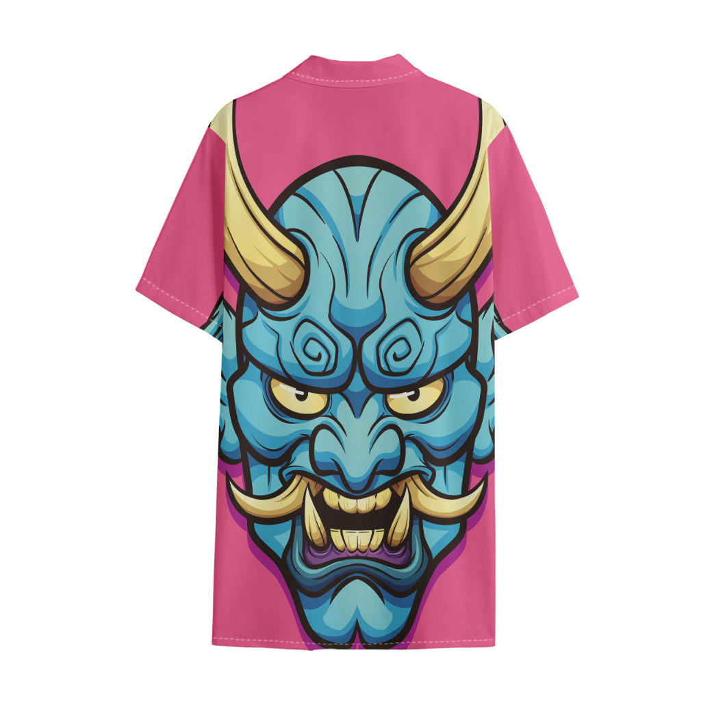 Blue Japanese Demon Print Cotton Hawaiian Shirt