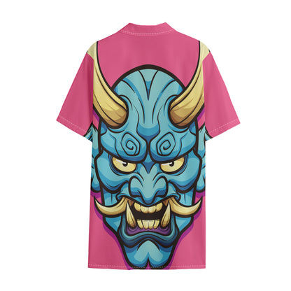 Blue Japanese Demon Print Cotton Hawaiian Shirt
