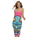 Blue Japanese Demon Print Cross Back Cami Dress