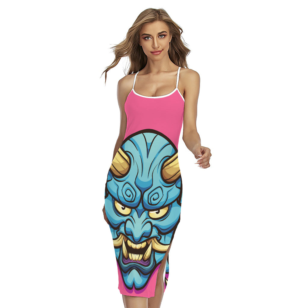 Blue Japanese Demon Print Cross Back Cami Dress