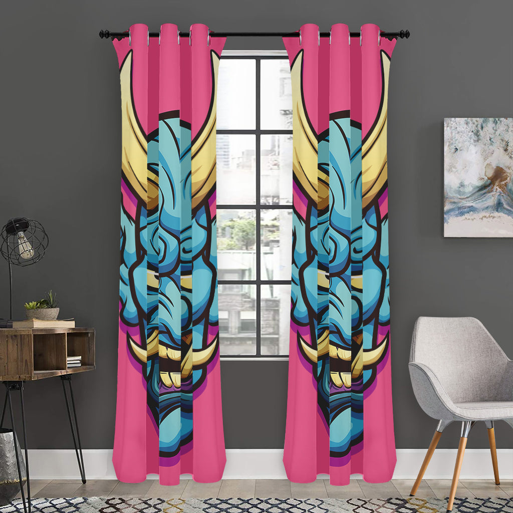 Blue Japanese Demon Print Curtain