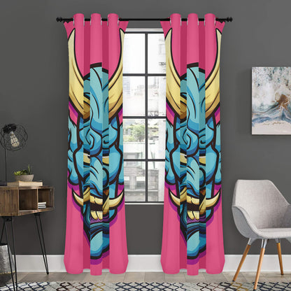 Blue Japanese Demon Print Curtain