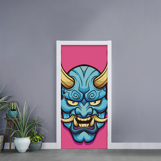 Blue Japanese Demon Print Door Sticker