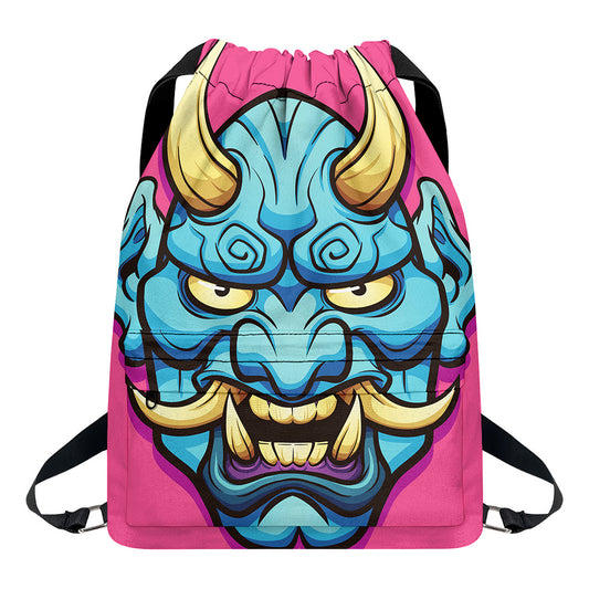 Blue Japanese Demon Print Drawstring Backpack