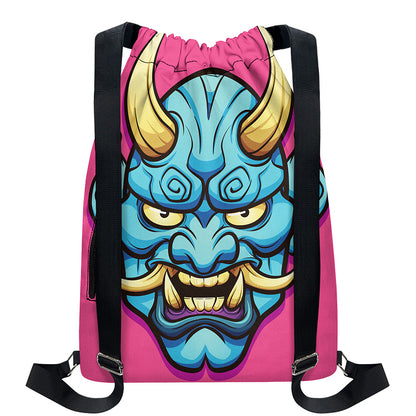 Blue Japanese Demon Print Drawstring Backpack