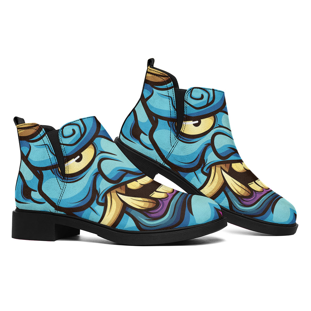 Blue Japanese Demon Print Flat Ankle Boots