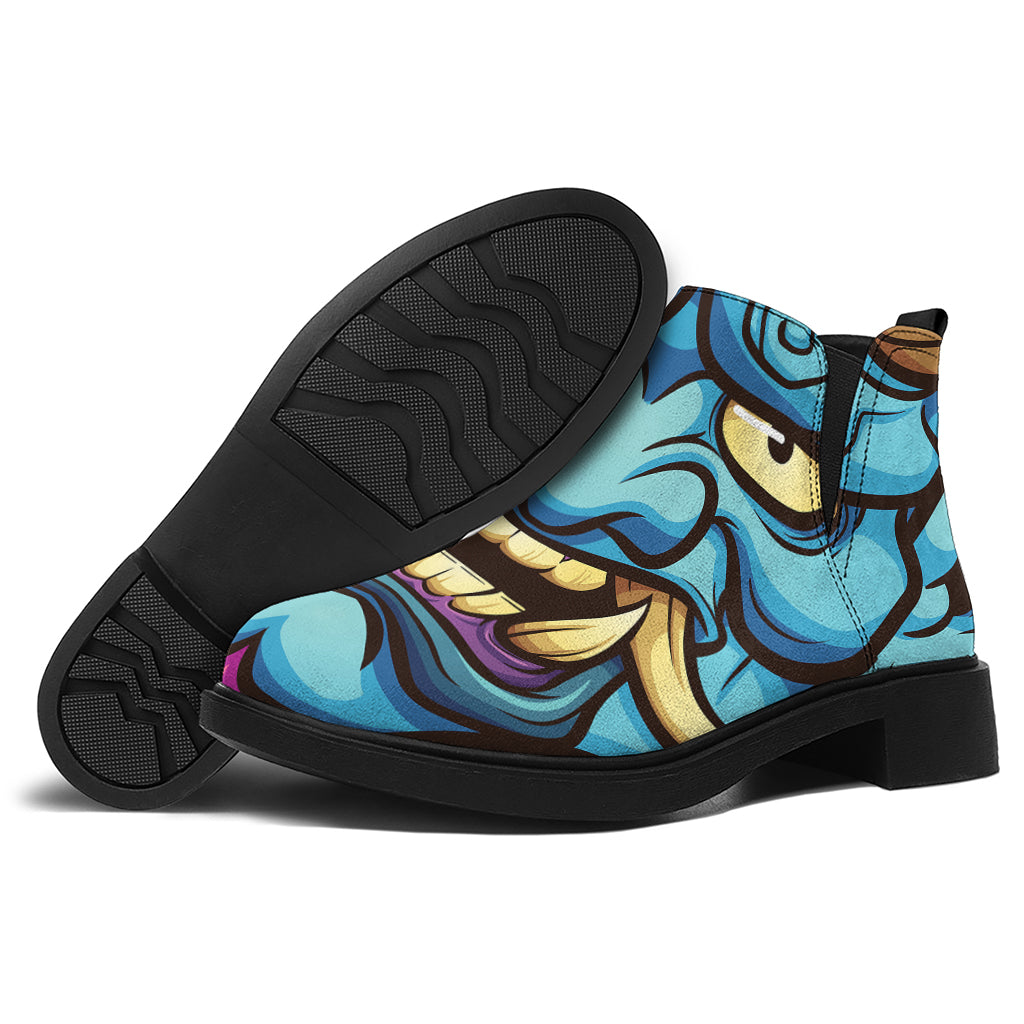 Blue Japanese Demon Print Flat Ankle Boots