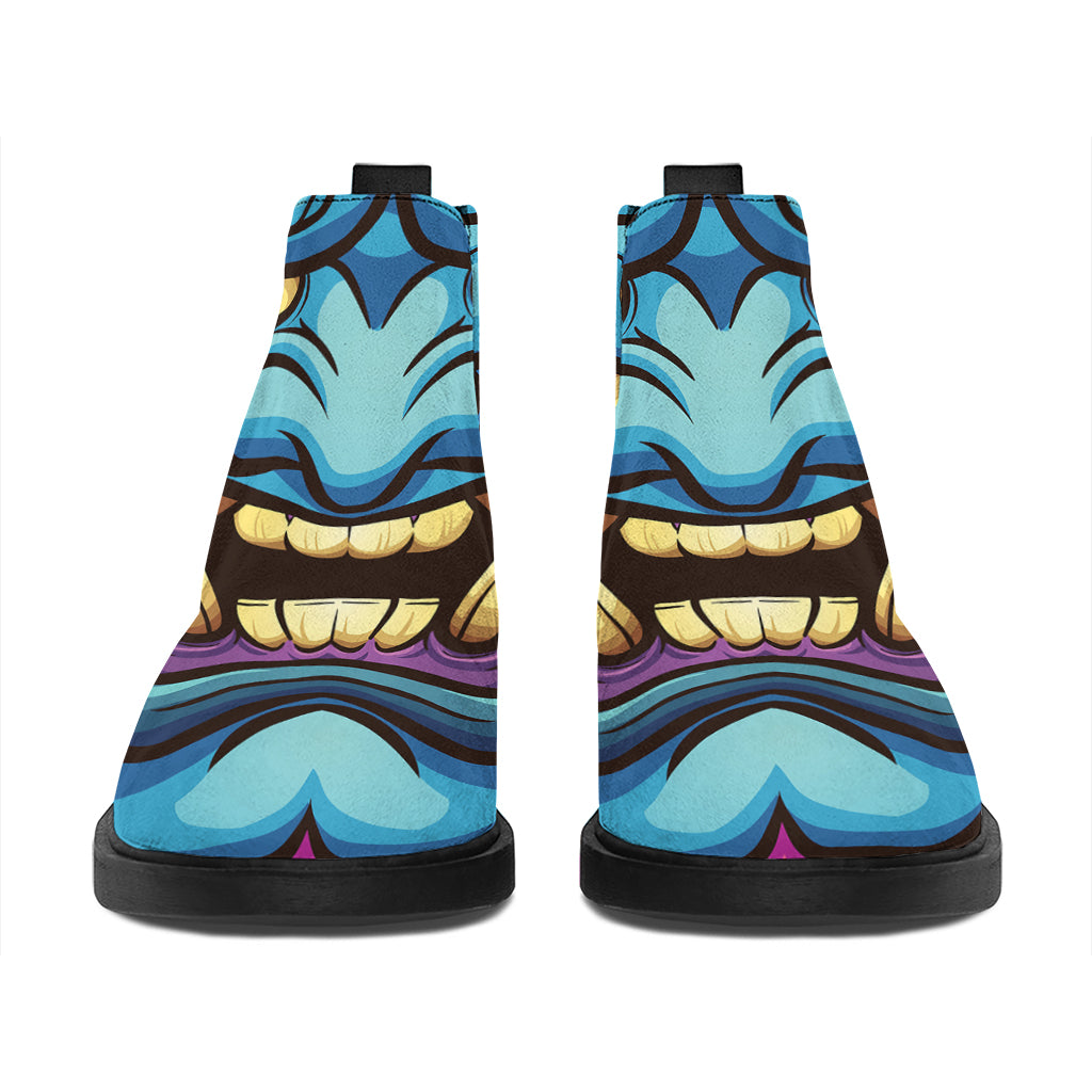 Blue Japanese Demon Print Flat Ankle Boots