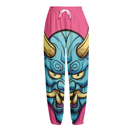 Blue Japanese Demon Print Fleece Lined Knit Pants