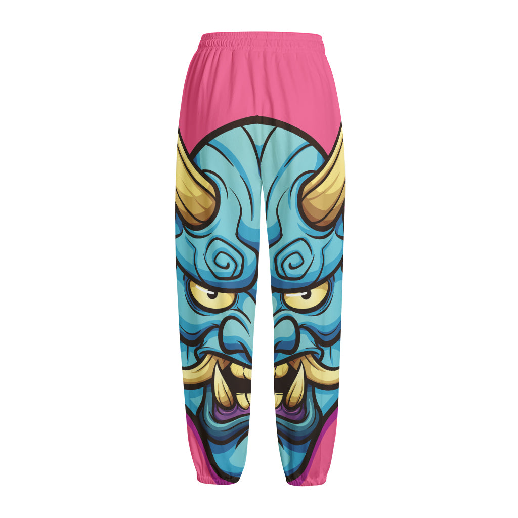 Blue Japanese Demon Print Fleece Lined Knit Pants