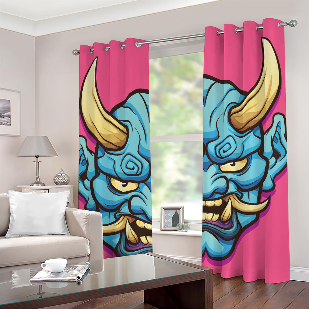 Blue Japanese Demon Print Grommet Curtains