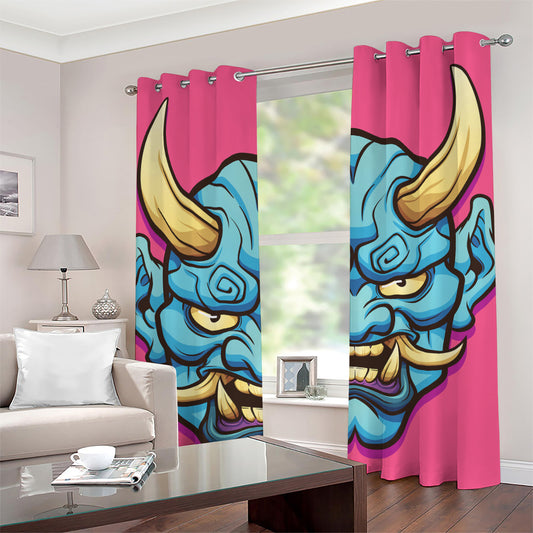 Blue Japanese Demon Print Grommet Curtains