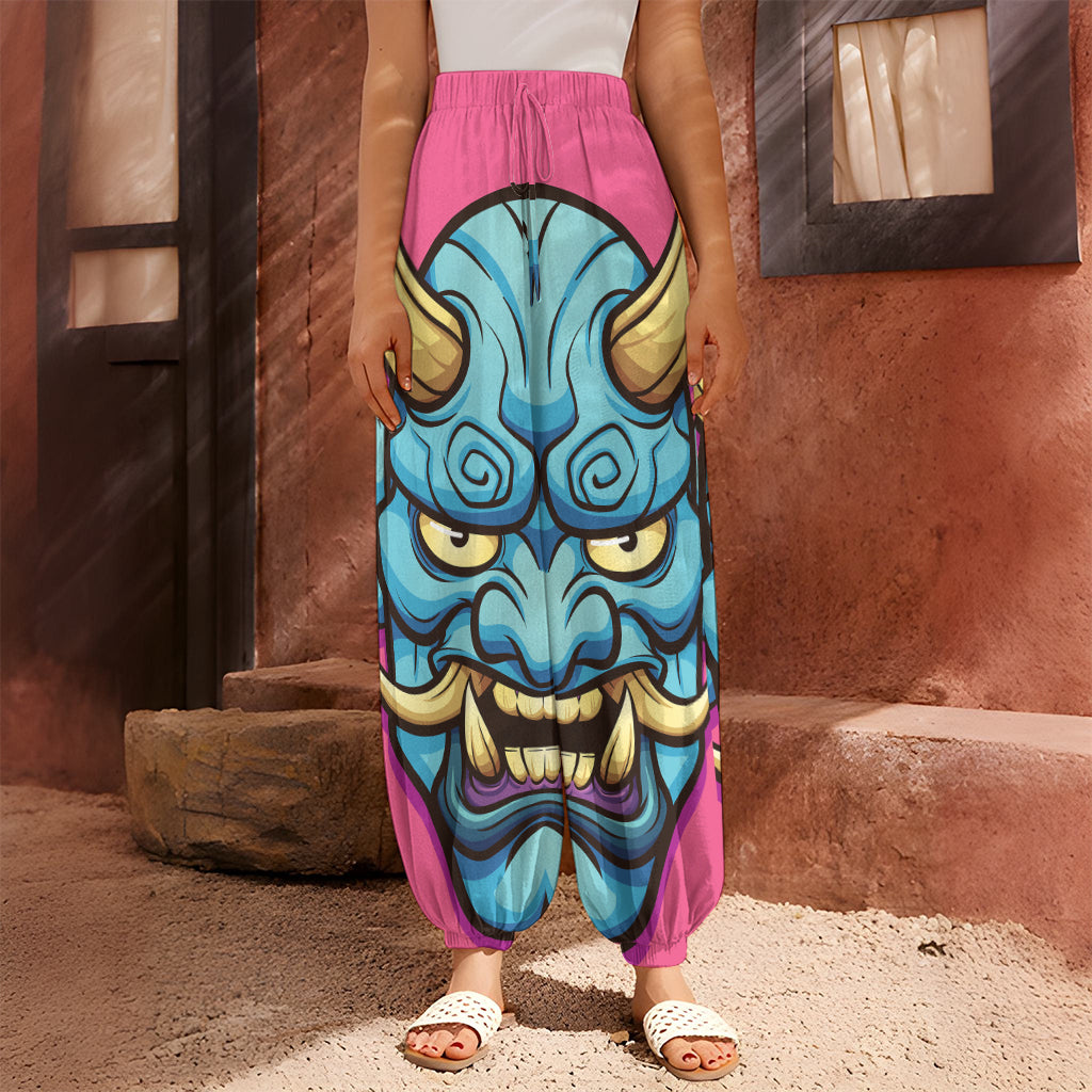 Blue Japanese Demon Print Harem Pants