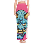 Blue Japanese Demon Print High Slit Maxi Skirt