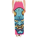 Blue Japanese Demon Print High Slit Maxi Skirt