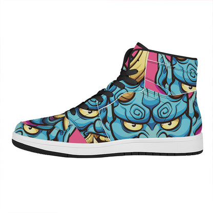 Blue Japanese Demon Print High Top Leather Sneakers