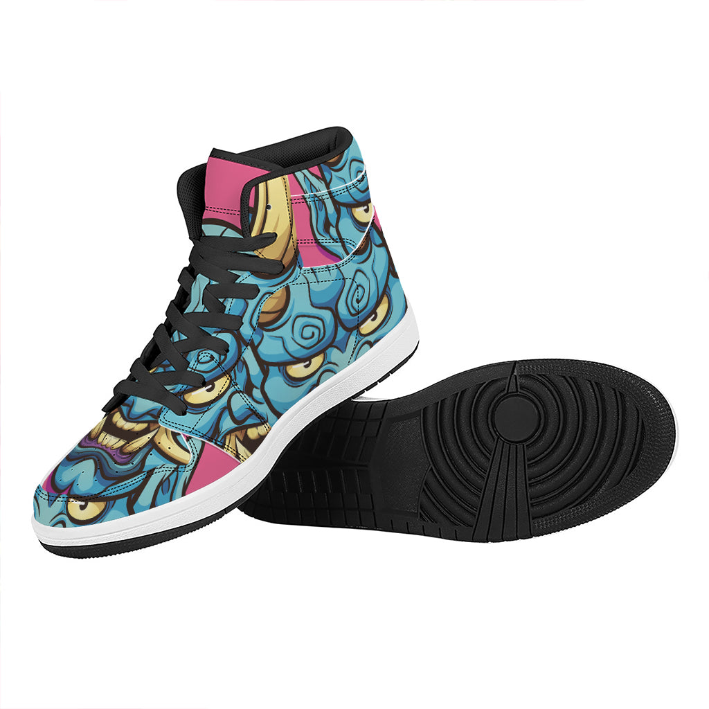 Blue Japanese Demon Print High Top Leather Sneakers