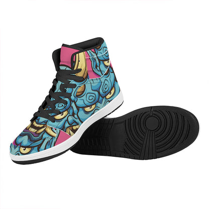 Blue Japanese Demon Print High Top Leather Sneakers