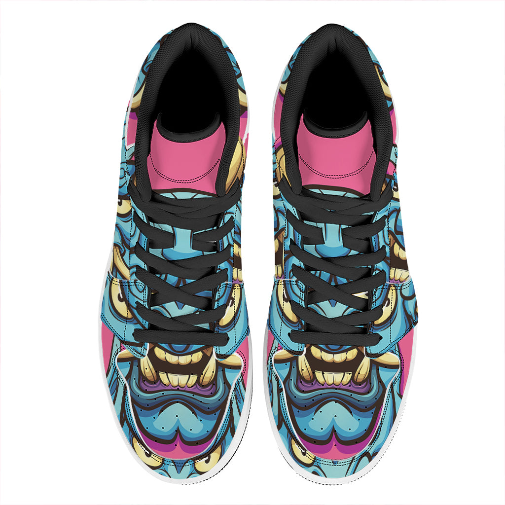 Blue Japanese Demon Print High Top Leather Sneakers