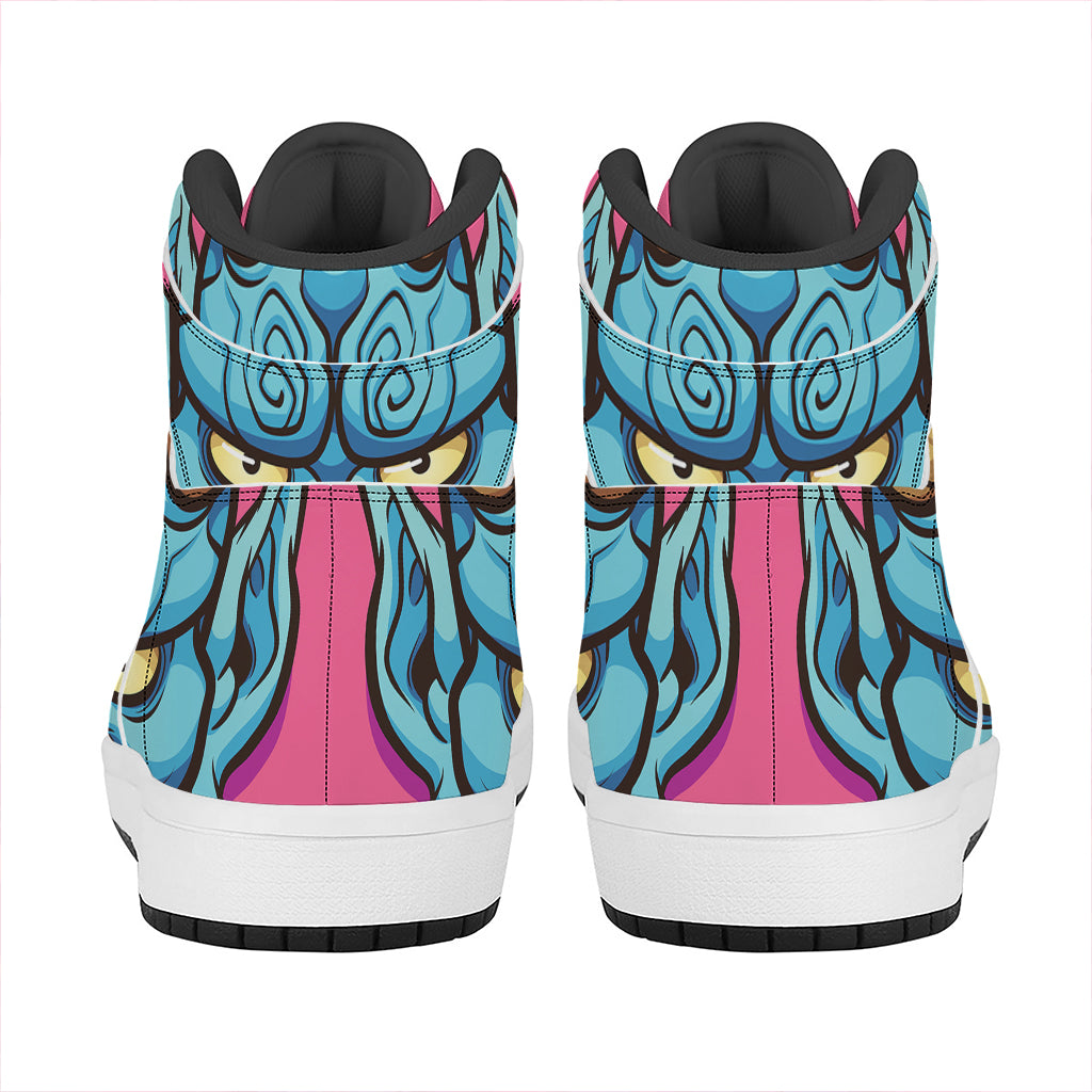 Blue Japanese Demon Print High Top Leather Sneakers
