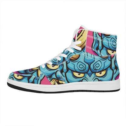 Blue Japanese Demon Print High Top Leather Sneakers