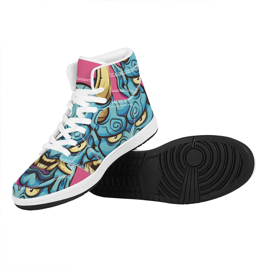 Blue Japanese Demon Print High Top Leather Sneakers