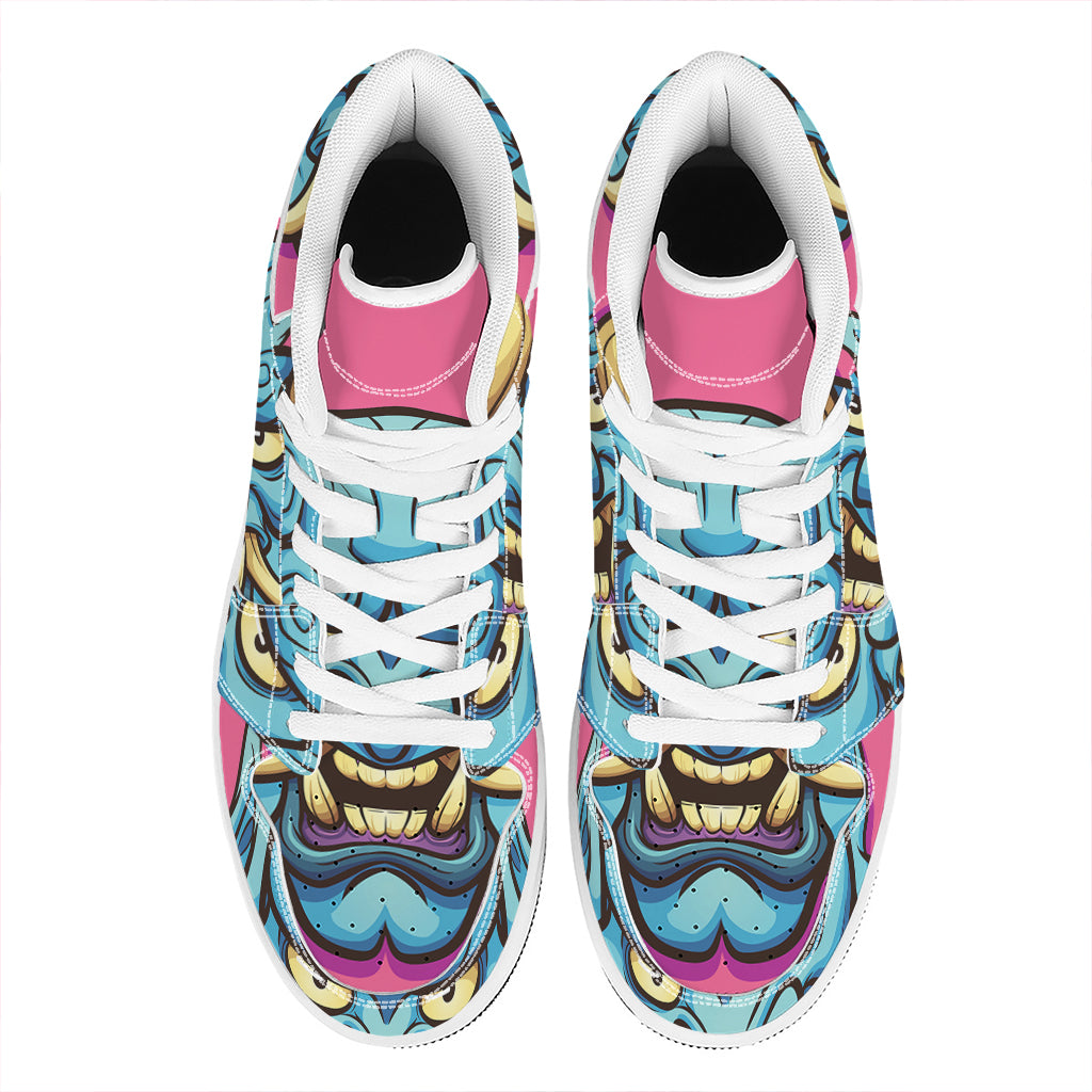 Blue Japanese Demon Print High Top Leather Sneakers