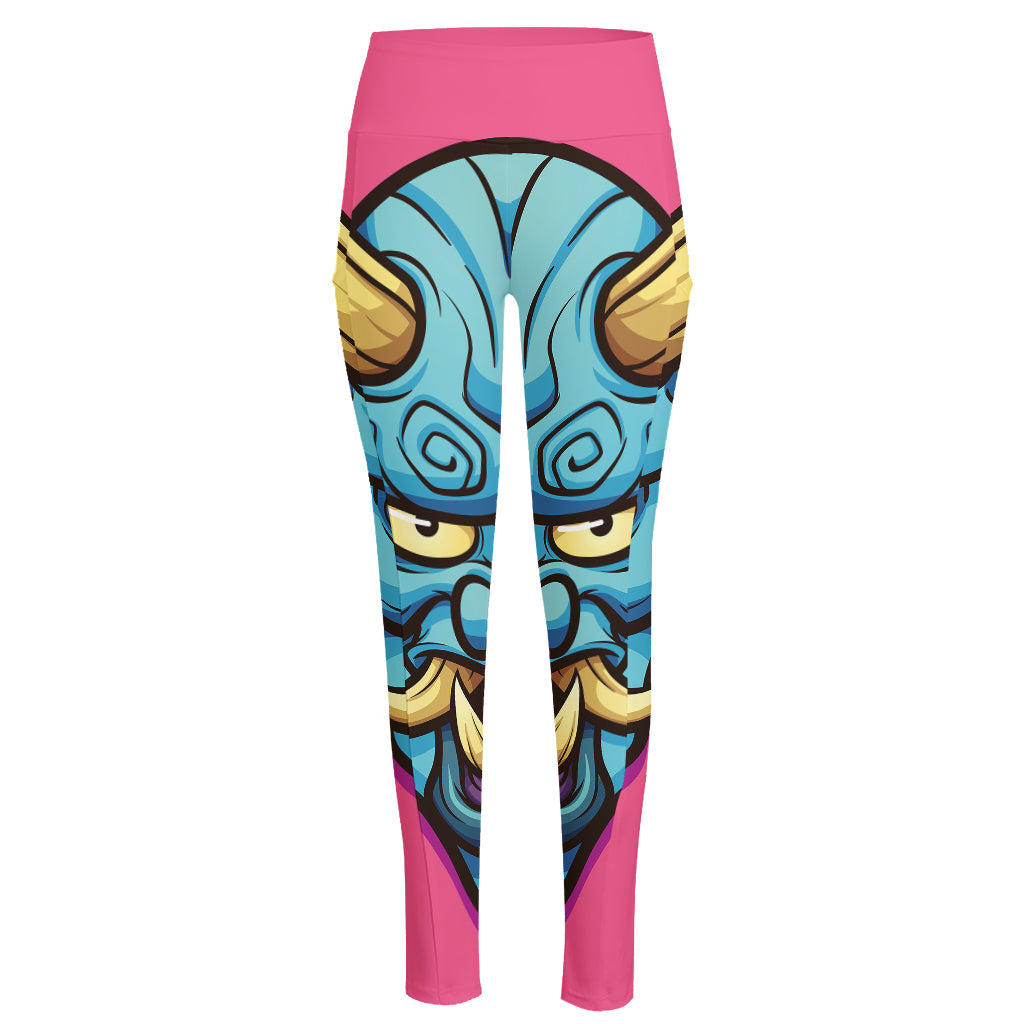 Blue Japanese Demon Print High-Waisted Pocket Leggings