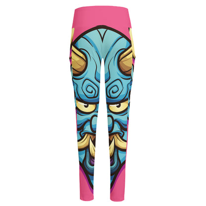 Blue Japanese Demon Print High-Waisted Pocket Leggings