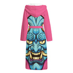 Blue Japanese Demon Print Hooded Bathrobe