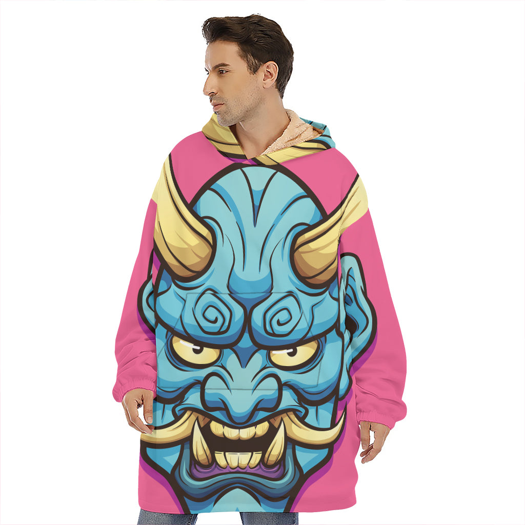 Blue Japanese Demon Print Hoodie Blanket
