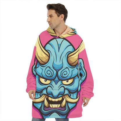 Blue Japanese Demon Print Hoodie Blanket