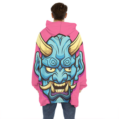 Blue Japanese Demon Print Hoodie Blanket