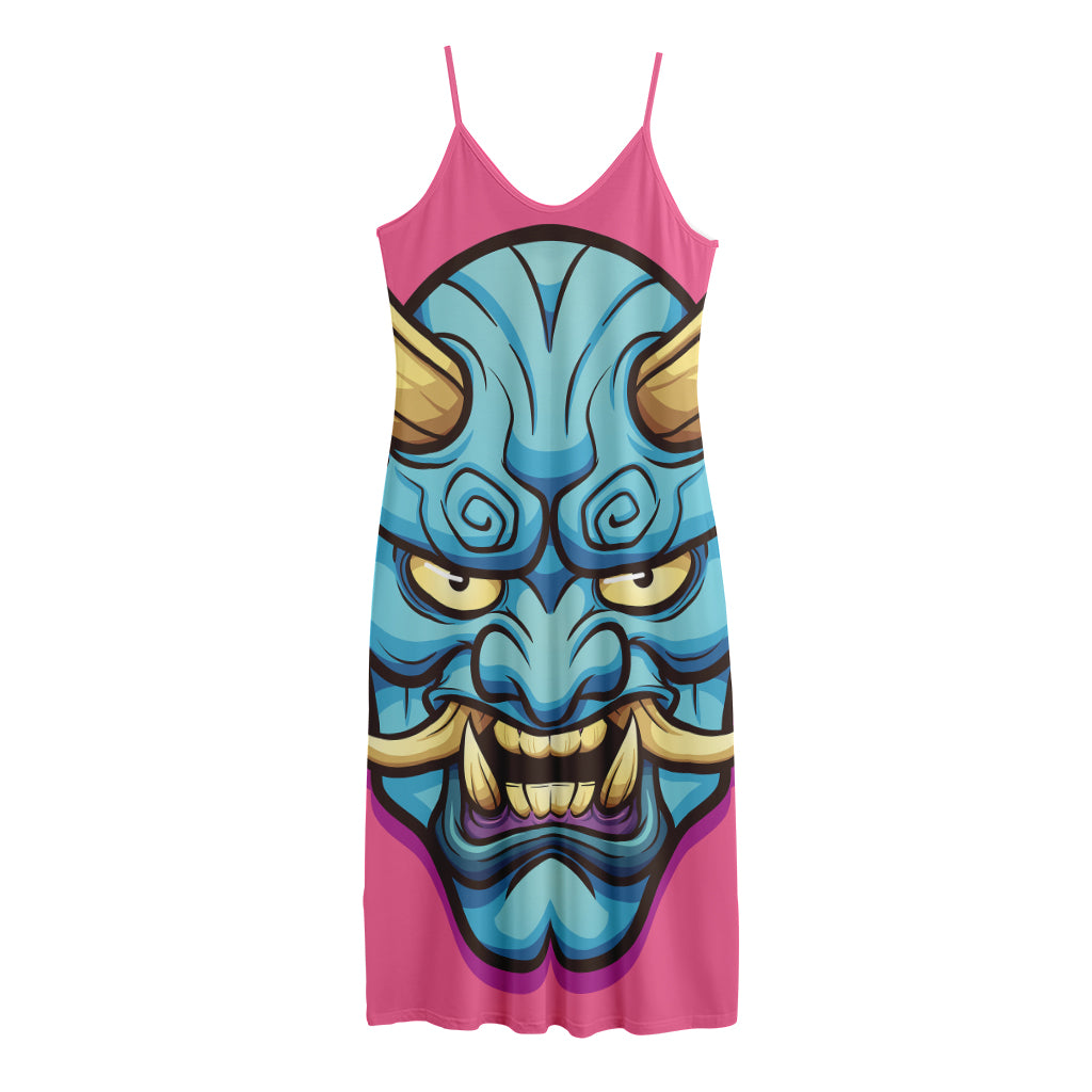 Blue Japanese Demon Print Jersey Midi Cami Dress