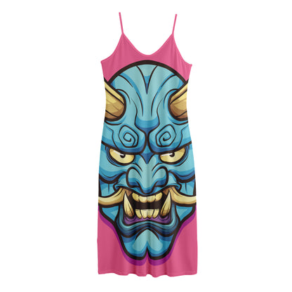 Blue Japanese Demon Print Jersey Midi Cami Dress