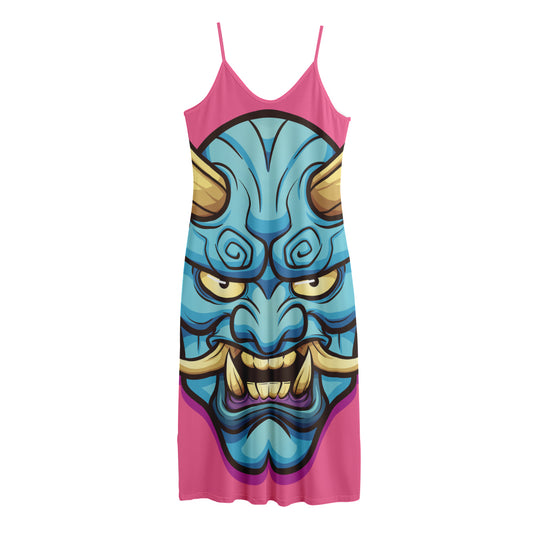Blue Japanese Demon Print Jersey Midi Cami Dress