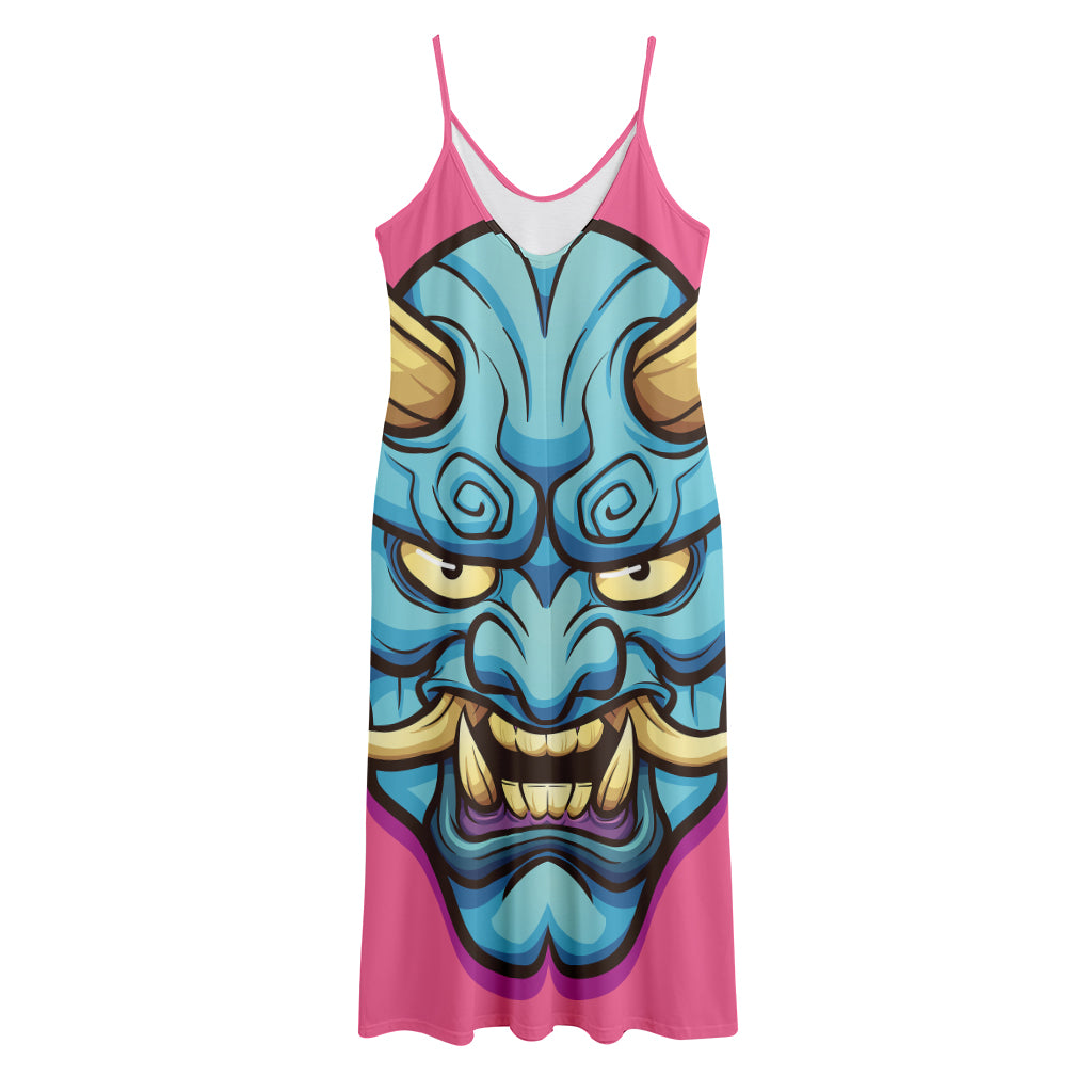 Blue Japanese Demon Print Jersey Midi Cami Dress