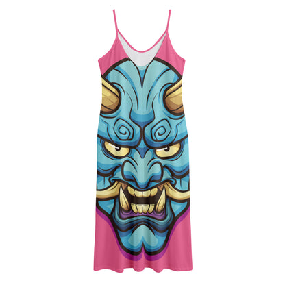 Blue Japanese Demon Print Jersey Midi Cami Dress
