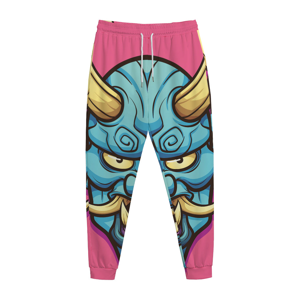 Blue Japanese Demon Print Jogger Pants