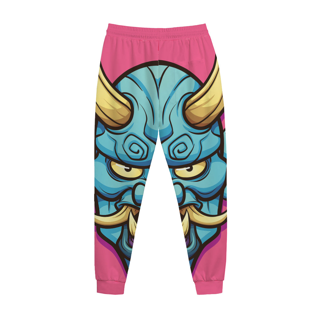 Blue Japanese Demon Print Jogger Pants