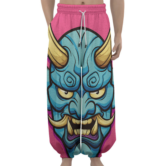 Blue Japanese Demon Print Lantern Pants