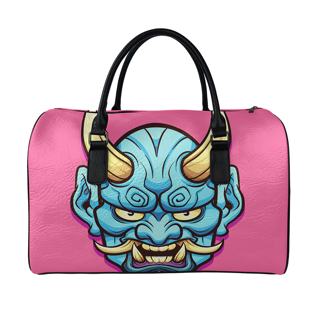 Blue Japanese Demon Print Leather Duffle Bag