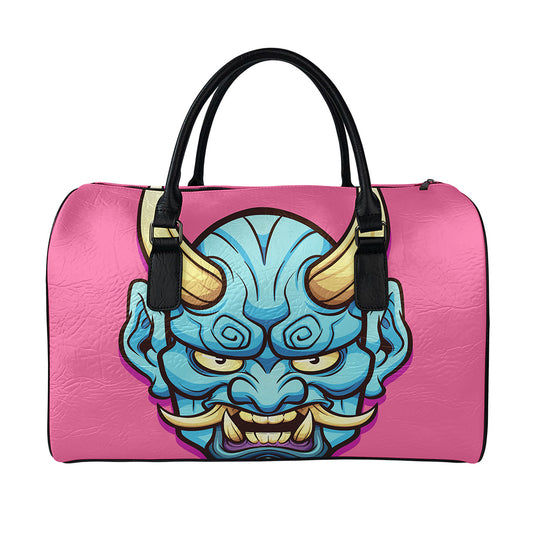 Blue Japanese Demon Print Leather Duffle Bag