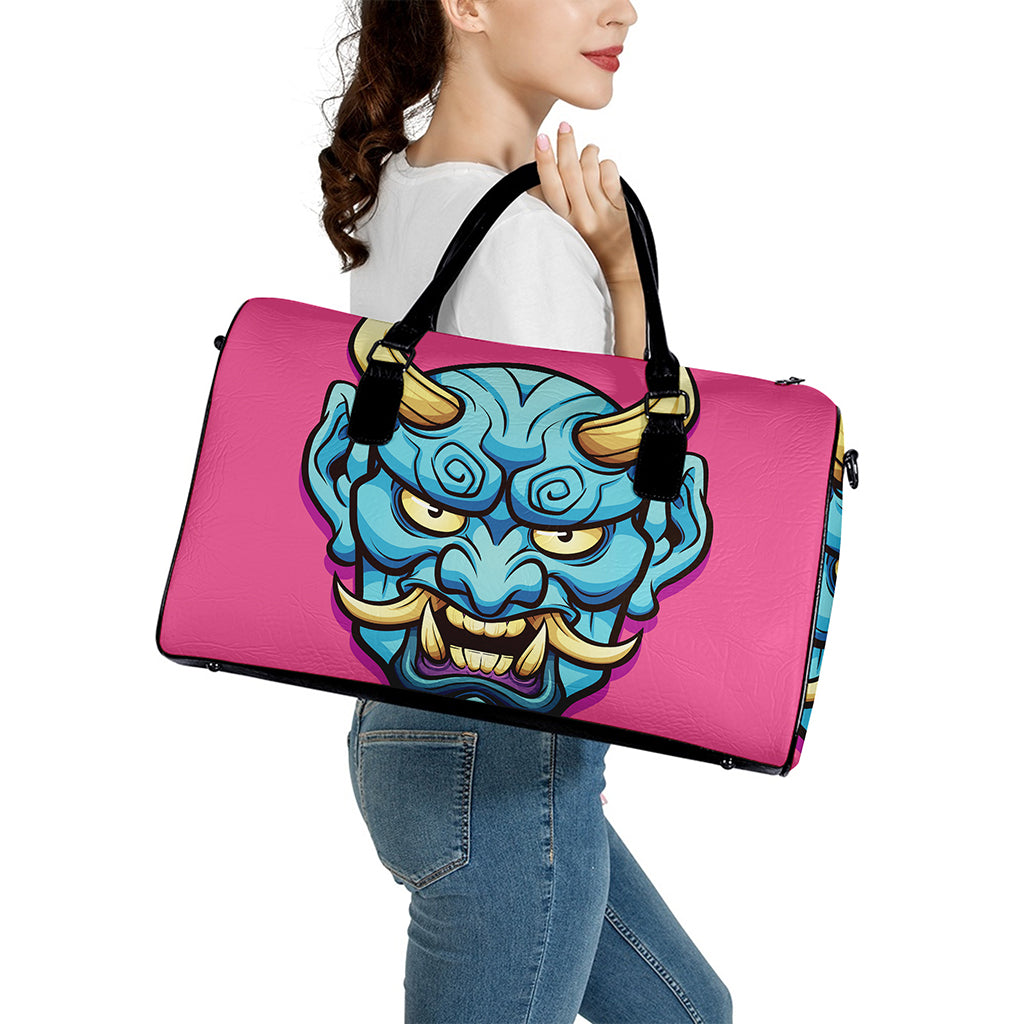 Blue Japanese Demon Print Leather Duffle Bag