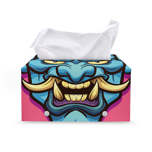 Blue Japanese Demon Print Leather Tissue Box Cover