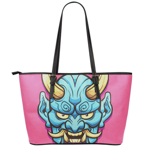 Blue Japanese Demon Print Leather Tote Bag