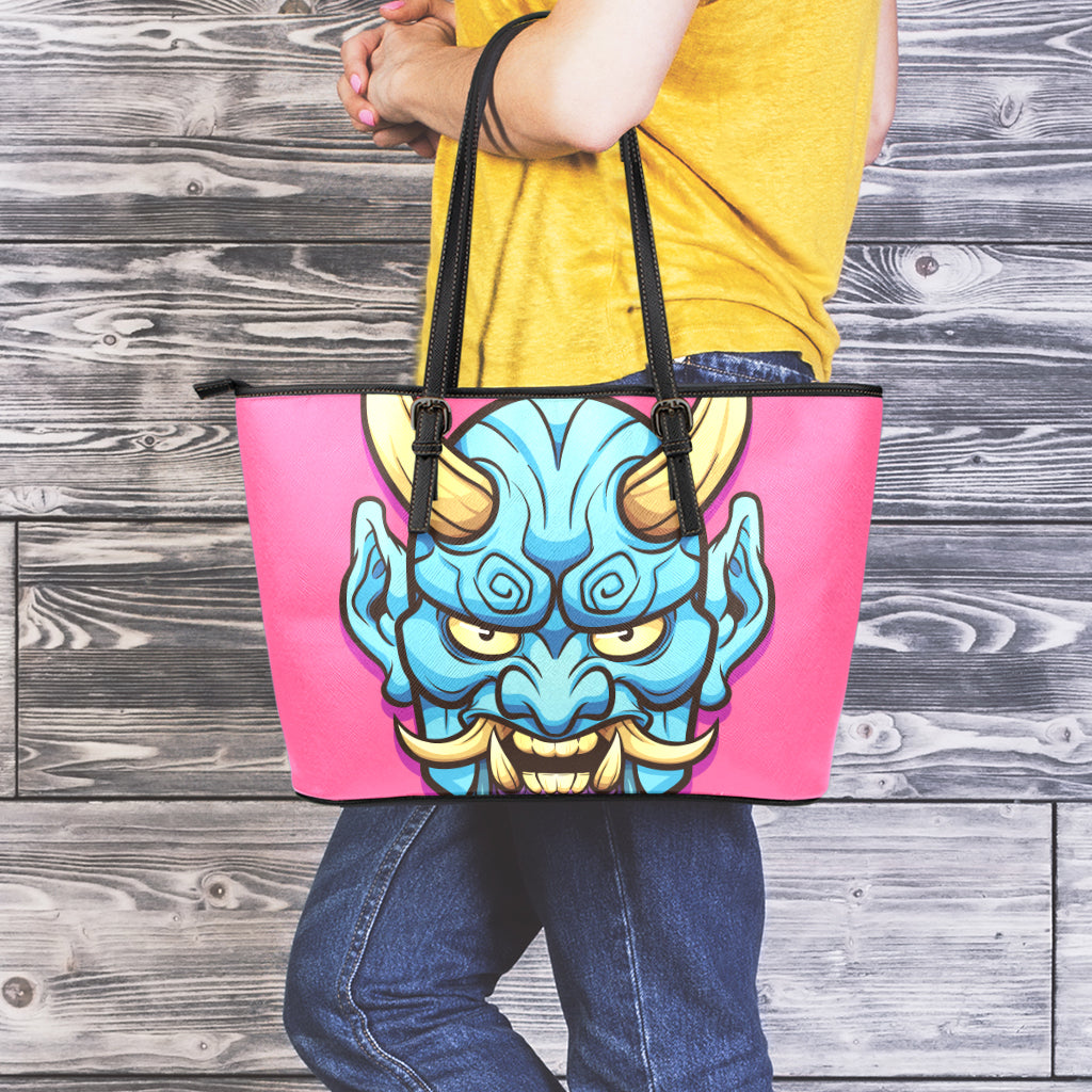Blue Japanese Demon Print Leather Tote Bag