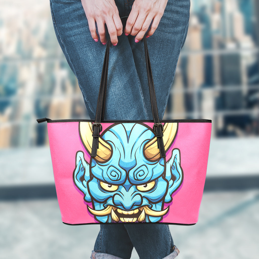 Blue Japanese Demon Print Leather Tote Bag