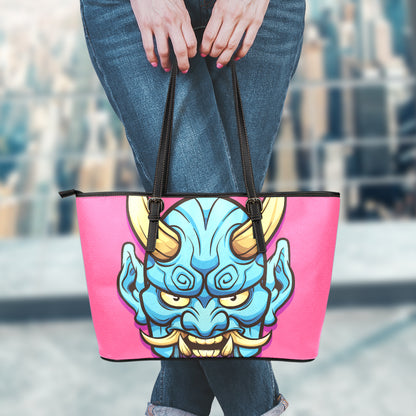 Blue Japanese Demon Print Leather Tote Bag